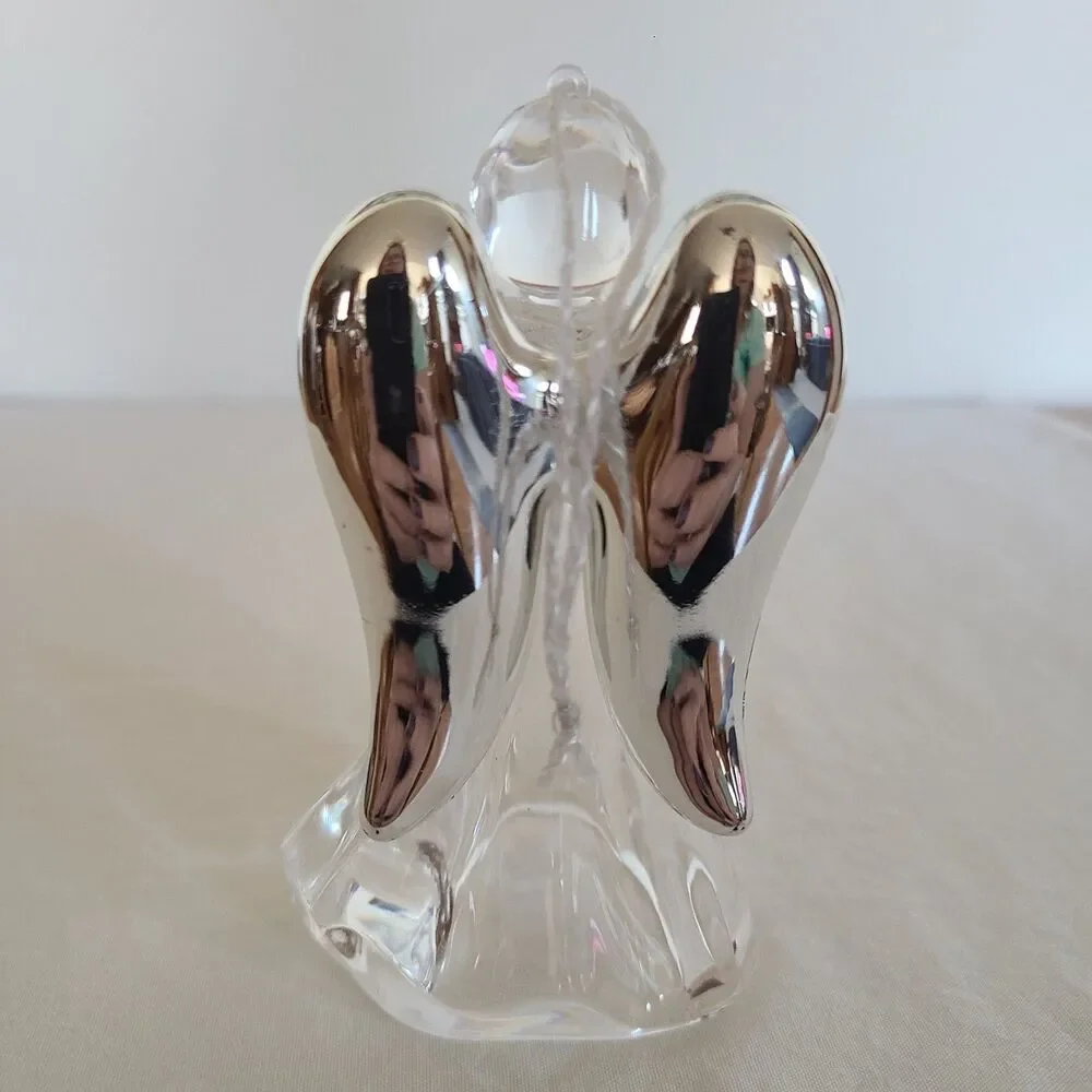 Vintage Clear Acrylic Praying Angel Ornament Silver Toned Wings Holiday Decor